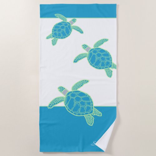 Custom Nautical Coastal Sea Turtle Blue and Gray   Beach Towel