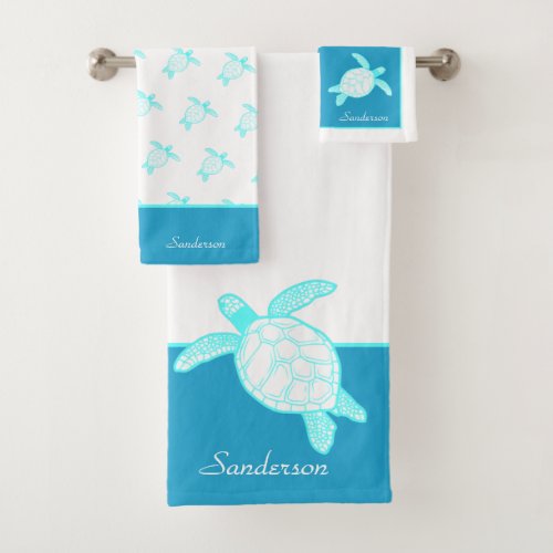 Custom Nautical Coastal Sea Turtle Blue Teal White Bath Towel Set