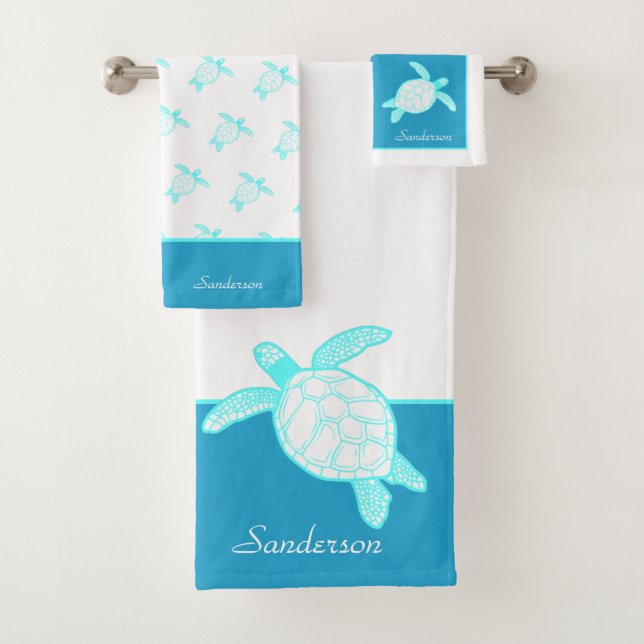 Custom Nautical Coastal Sea Turtle Blue Teal White Bath Towel Set (Insitu)