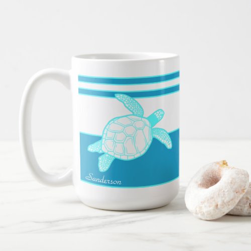 Custom Nautical Coastal Sea Turtle Blue Teal White Coffee Mug