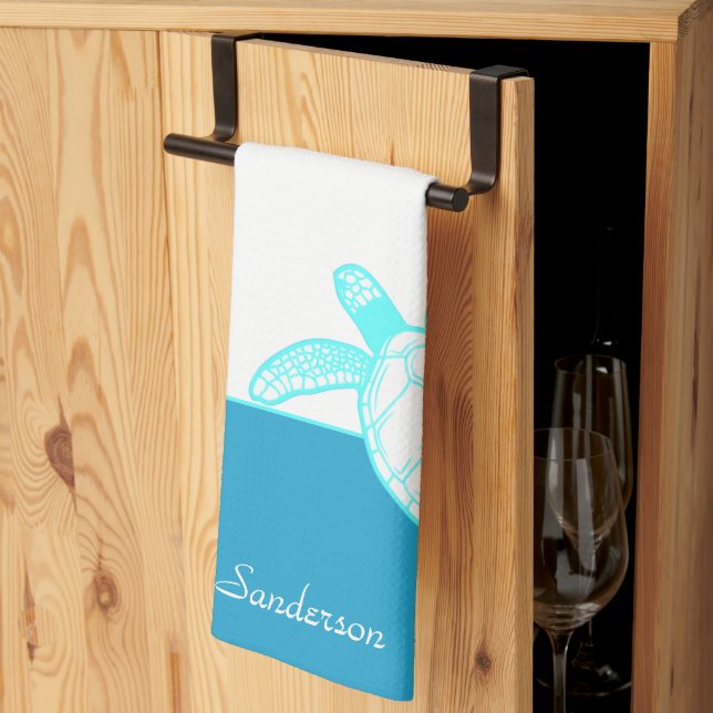 Custom Nautical Coastal Sea Turtle Blue Teal White Kitchen Towel (Thirds Fold)