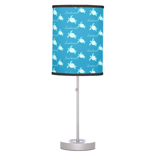 Custom Nautical Coastal Sea Turtle Blue Teal White Table Lamp (Front)
