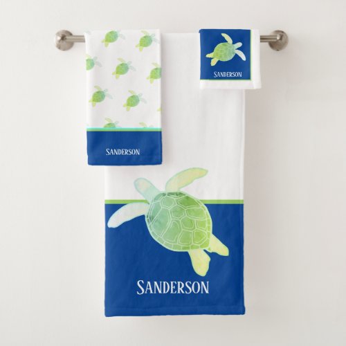 Custom Nautical Coastal Sea Turtle Blue White Bath Towel Set