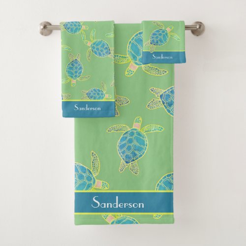 Custom Nautical Coastal Sea Turtle Green  Blue Bath Towel Set