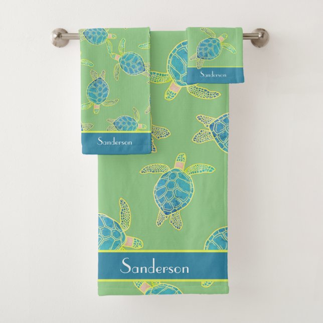 Custom Nautical Coastal Sea Turtle Green  Blue Bath Towel Set (Insitu)