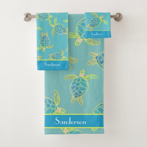 Custom Nautical Coastal Sea Turtle Teal Blue Bath  Bath Towel Set