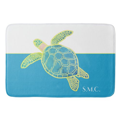 Custom Nautical Coastal Sea Turtle Teal Blue Bath Mat