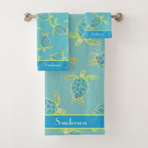 Custom Nautical Coastal Sea Turtle Teal Blue Bath  Towel Set