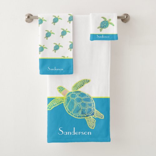 Custom Nautical Coastal Sea Turtle Teal Blue Bath Towel Set