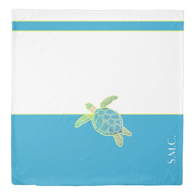Custom Nautical Coastal Sea Turtle Teal Blue Duvet Cover (Front)