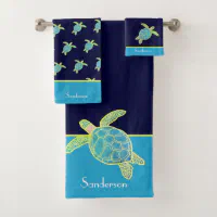 Custom Nautical Coastal Sea Turtle Teal Blue Navy Bath Towel Set Zazzle