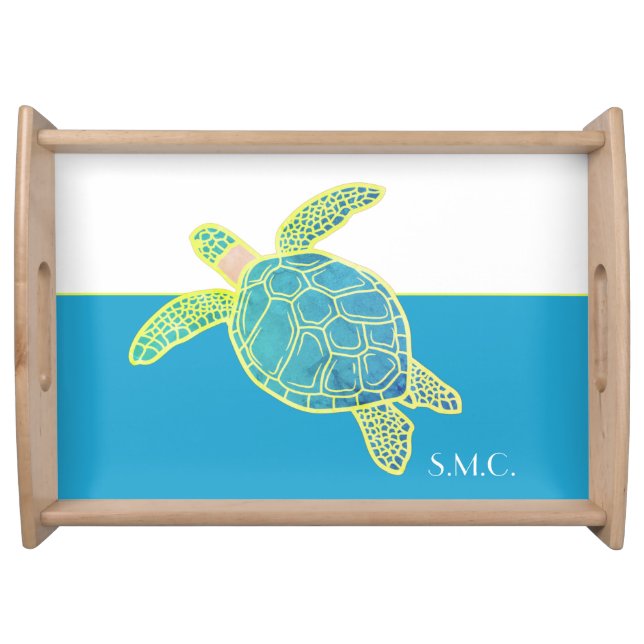 Custom Nautical Coastal Sea Turtle Teal Blue Serving Tray (Front)