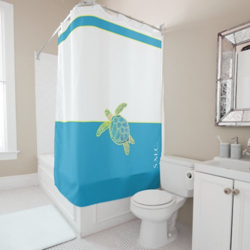 Custom Nautical Coastal Sea Turtle Teal Blue  Shower Curtain