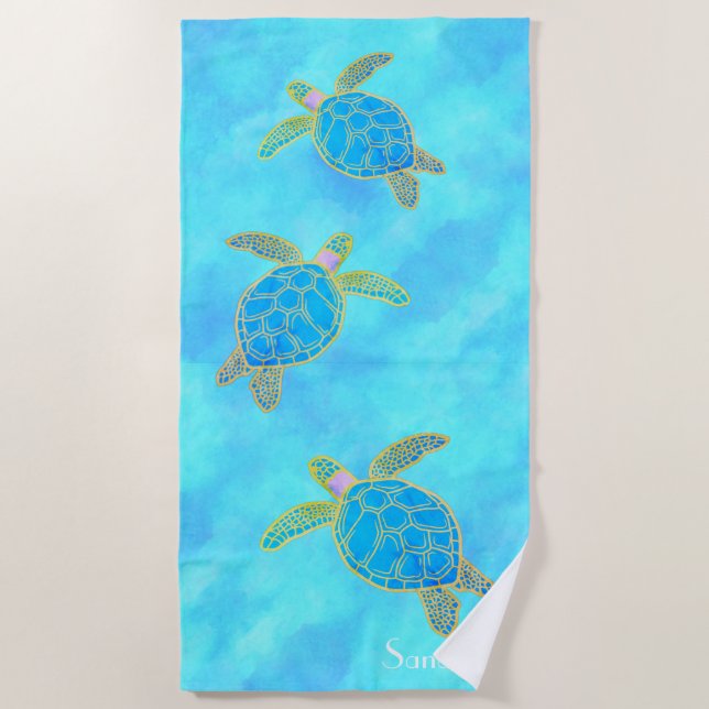 Custom Nautical Coastal Sea Turtle Turquoise  Beac Beach Towel (Front)