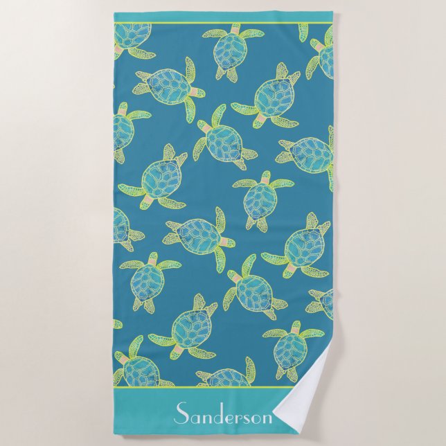 Custom Nautical Coastal Sea Turtle Turquoise Blue Beach Towel (Front)