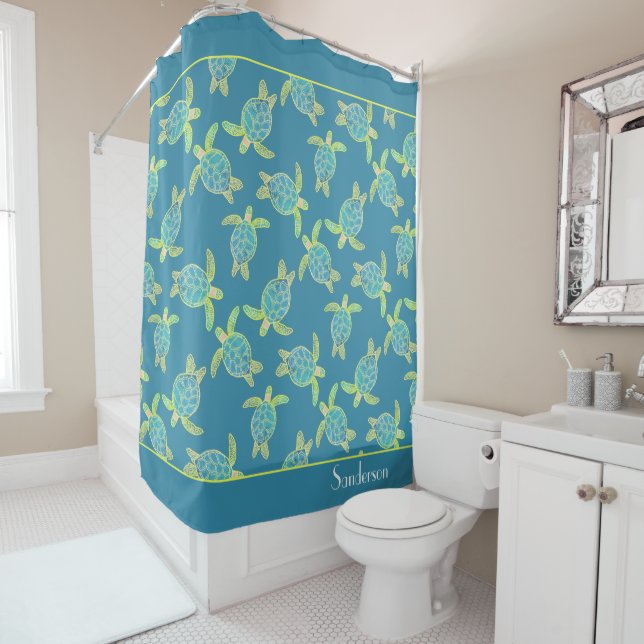Custom Nautical Coastal Sea Turtle Turquoise Blue Shower Curtain (In Situ)