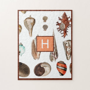 Custom Nautical Coral tan teal Seashells Beach Jigsaw Puzzle