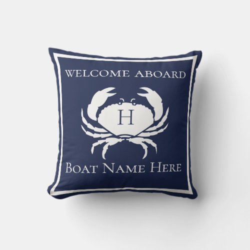 Custom Nautical CRAB White Navy Blue Boat Outdoor Pillow