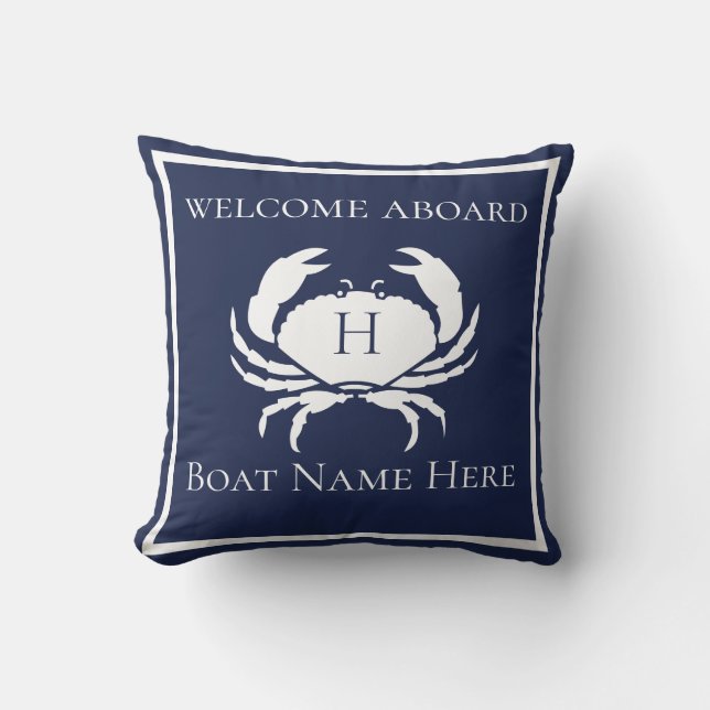 Custom Nautical CRAB White Navy Blue Boat Outdoor Pillow (Front)