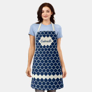 Custom Nautical Dark Blue Ivory Trellis Pattern Apron
