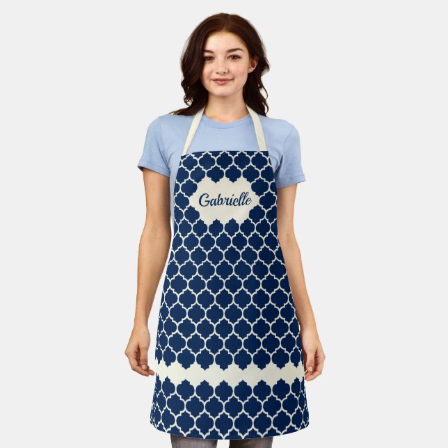 Custom Nautical Dark Blue Ivory Trellis Pattern Apron (Worn)