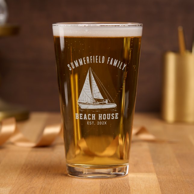 Custom Nautical Family Beach House Sailing Boat Pint Glass (Party)