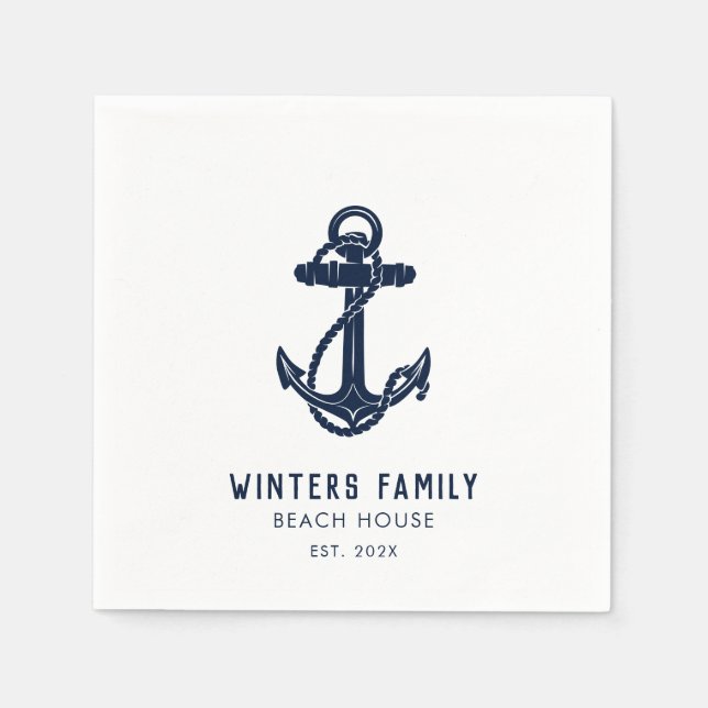 Custom Nautical Family Boat Trip Navy Blue Anchor Napkins (Front)
