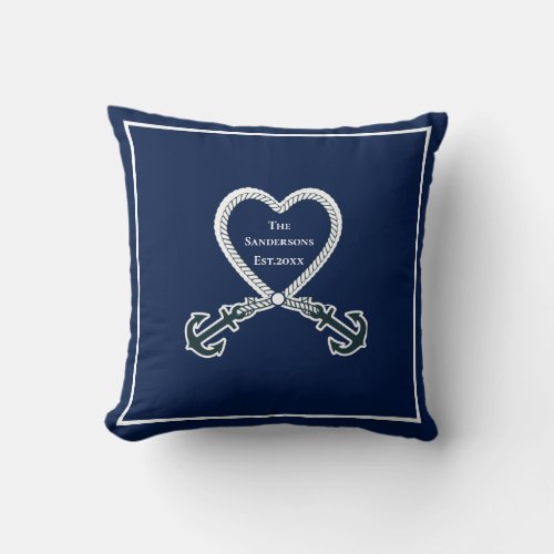 Custom Nautical Family Name Navy Blue White heart  Throw Pillow