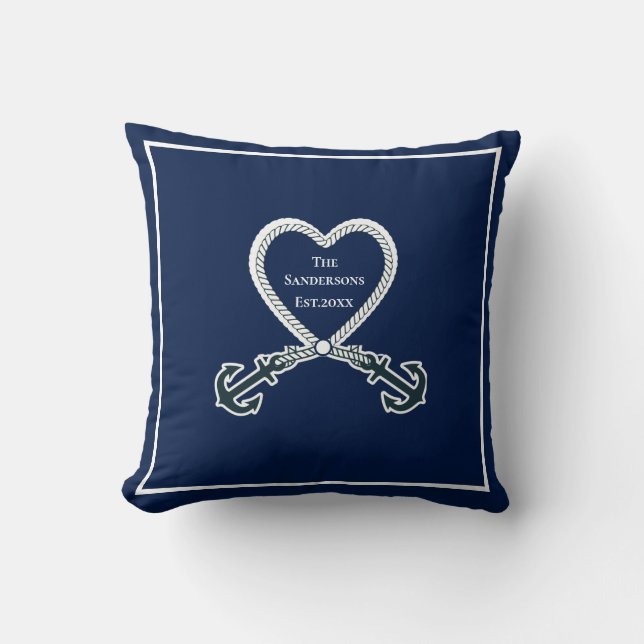 Custom Nautical Family Name Navy Blue White heart  Throw Pillow (Front)