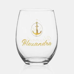 Custom Nautical Gold Color Boat Anchor Name Stemless Wine Glass