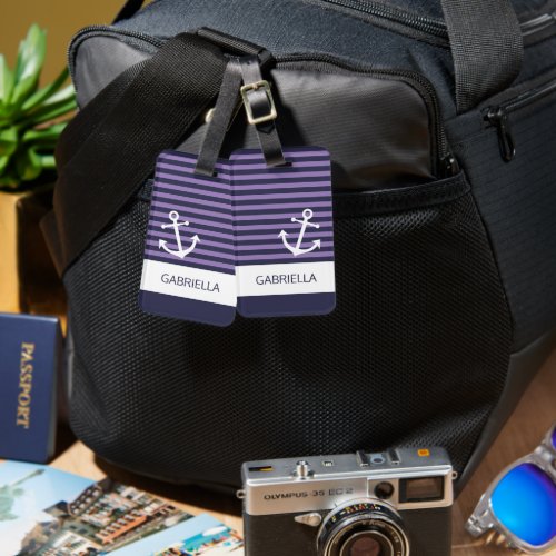 Custom Nautical Lavender Purple Striped Pattern Luggage Tag