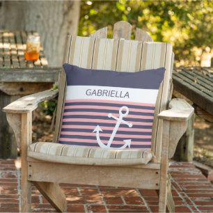 Custom Nautical Light Coral Pink Stripe Pattern Outdoor Pillow