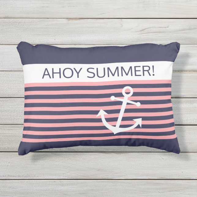 Custom Nautical Light Coral Pink Stripe Pattern Outdoor Pillow (Front)