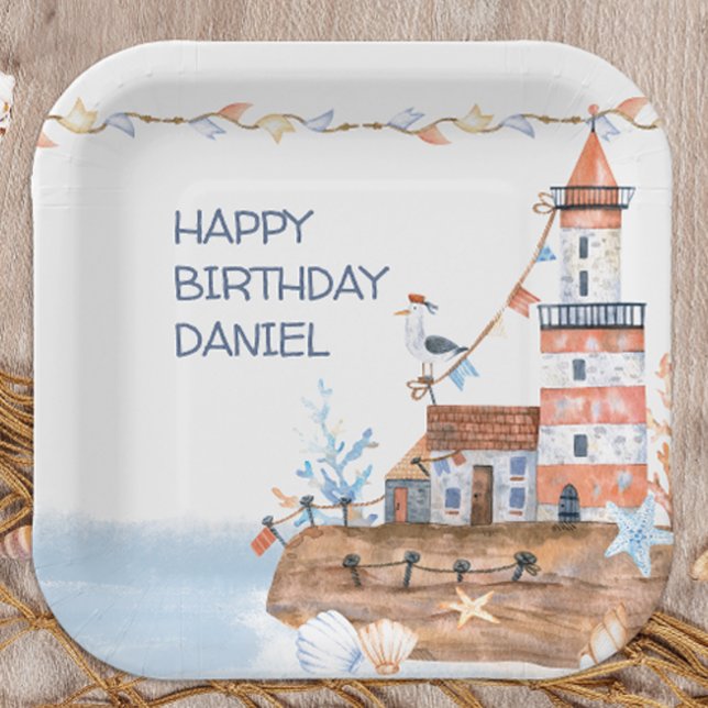 Custom Nautical Lighthouse Paper Plates (Personalized plate for nautical themed birthday party)