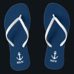 Custom nautical monogram beach wedding flip flops<br><div class="desc">Personalized beach wedding flip flops for bride and groom or guests. Elegant party favor set with custom last name or monogram and sailing ship / boat anchor icon. Custom background and strap color for him and her / men and women. Romantic navy blue and white his and hers wedge sandals...</div>