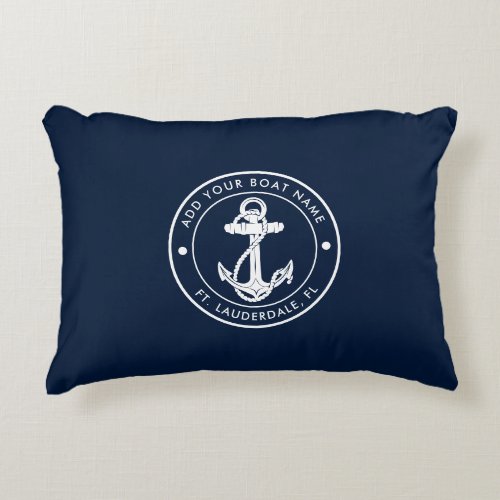 Custom Nautical Navy Blue Anchor Boat Name Accent Pillow