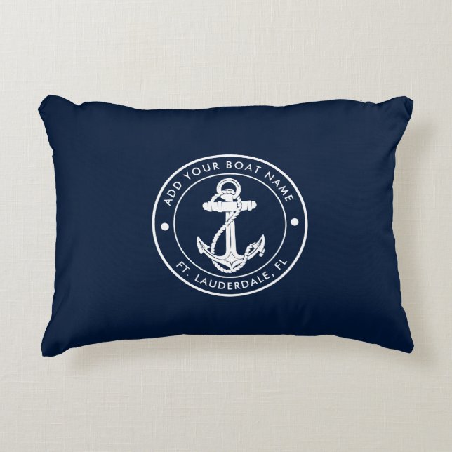 Custom Nautical Navy Blue Anchor Boat Name Accent Pillow (Front)