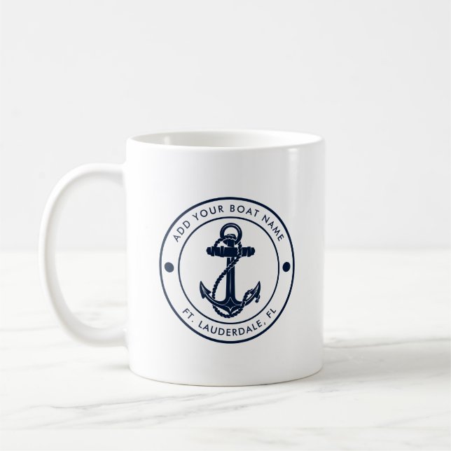 Custom Nautical Navy Blue Anchor Boat Name Coffee Mug (Left)