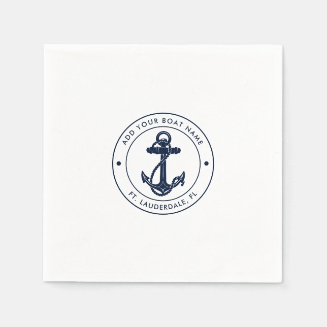 Custom Nautical Navy Blue Anchor Boat Name Napkins (Front)