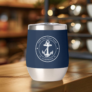 Custom Nautical Navy Blue Anchor Boat Name Thermal Wine Tumbler