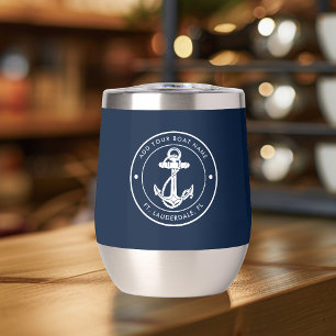 Custom Nautical Navy Blue Anchor Boat Name Thermal Wine Tumbler