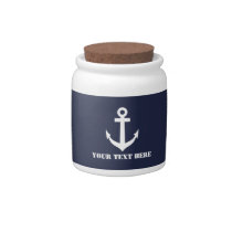 Custom nautical navy blue and white boat anchor candy jar