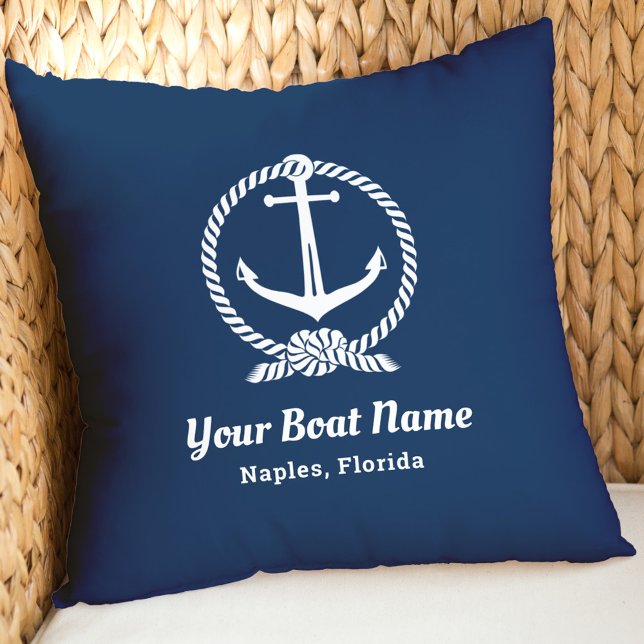 Custom Nautical Navy Blue Boat Name Anchor Throw Pillow (Creator Uploaded)