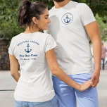 Custom Nautical Navy Blue Captain and Boat Name T-Shirt<br><div class="desc">Custom nautical t-shirt design features a simple, stylish navy blue coastal style design on the front and back with boat anchor accent and Welcome Aboard message on the back. Personalize the custom text with the name of the boat, boat owner / captain, location, or other preferred wording. Navy blue color...</div>