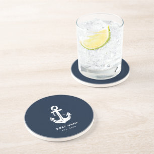 Custom Nautical Navy Blue Decor Boat Name Anchor Coaster