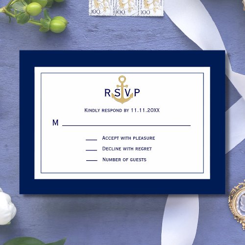 Custom Nautical Navy Blue Gold Anchor RSVP Wedding