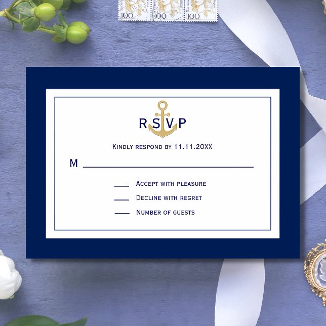 Custom Nautical Navy Blue Gold Anchor RSVP Wedding (Creator Uploaded)