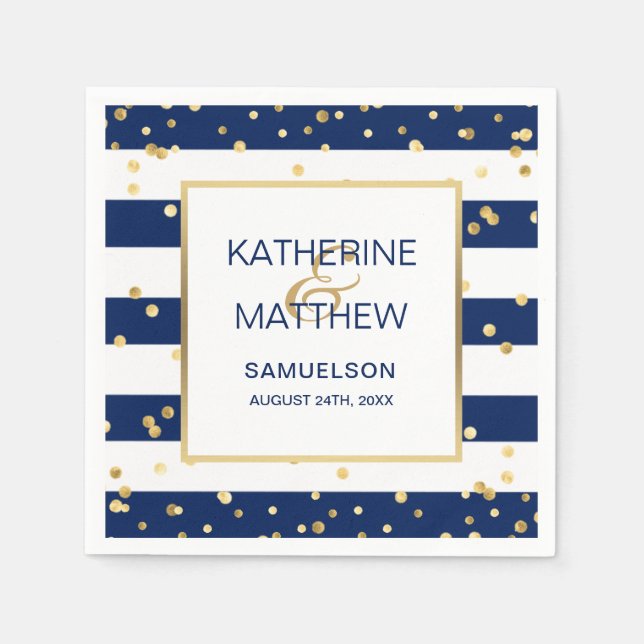 Custom Nautical Navy Blue Gold Wedding Paper Napkins (Front)