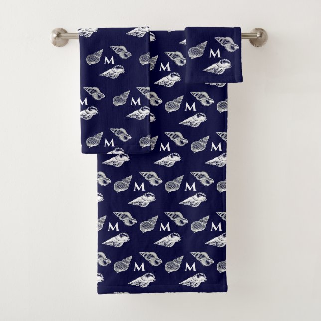 Custom Nautical Navy Blue Seashell Beach house  Bath Towel Set (Insitu)