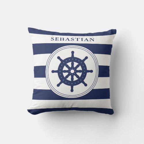 Custom Nautical Navy Blue Ship Wheel Throw Pillow